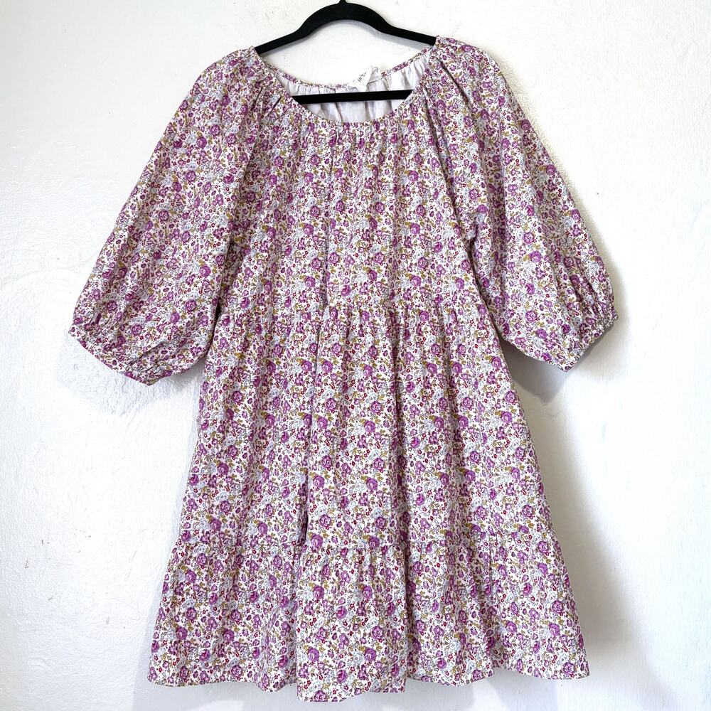 Hyacinth House Floral Cotton Babydoll Dress Purple White Size M Puff Sleeve